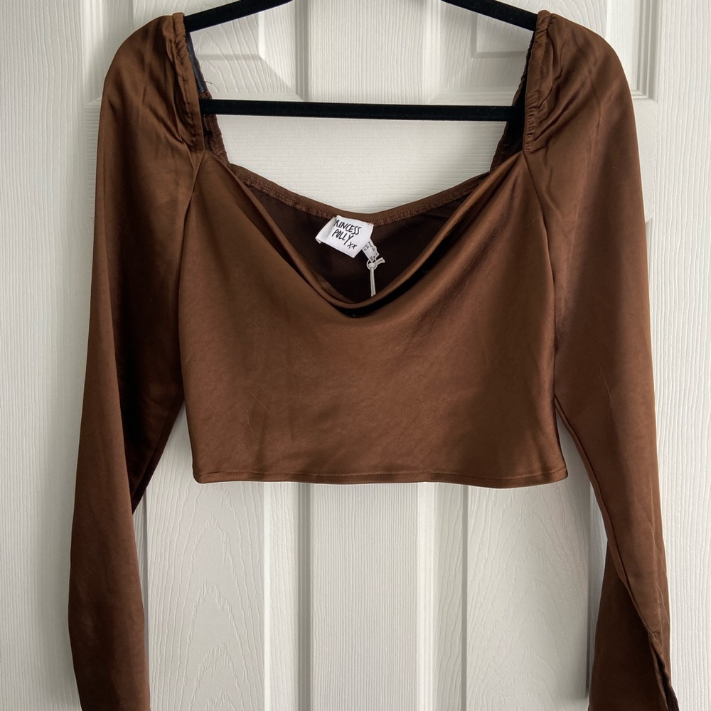 Brown satin cowl neck crop top